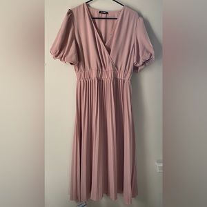 Blush Pink Pleated Puff Sleeve Dress